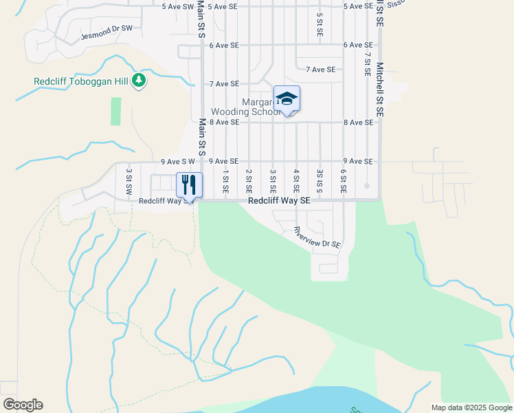 map of restaurants, bars, coffee shops, grocery stores, and more near 204 Redcliff Way Southeast in Redcliff