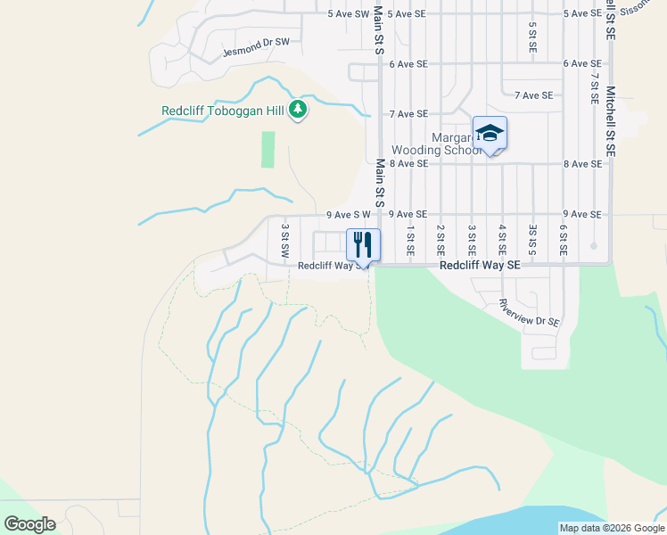 map of restaurants, bars, coffee shops, grocery stores, and more near 114 Redcliff Way Southwest in Redcliff