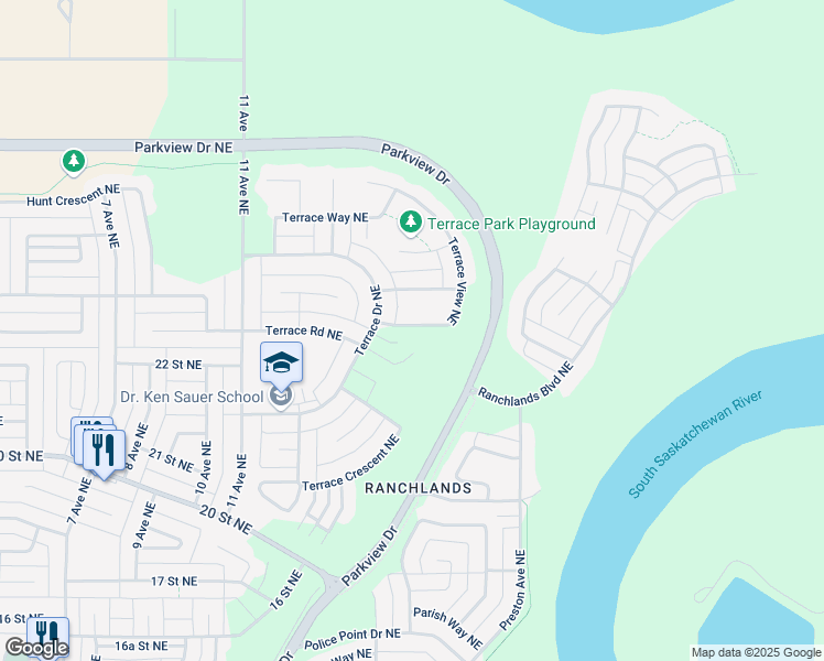map of restaurants, bars, coffee shops, grocery stores, and more near 19 Terrace View Northeast in Medicine Hat