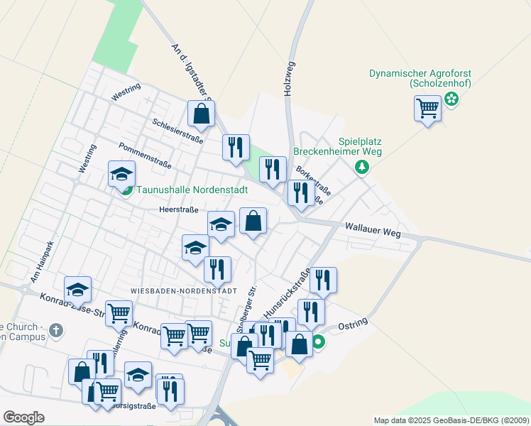 map of restaurants, bars, coffee shops, grocery stores, and more near 6 Heerstraße in Wiesbaden