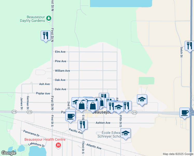 map of restaurants, bars, coffee shops, grocery stores, and more near 651 Oak Avenue in Beausejour