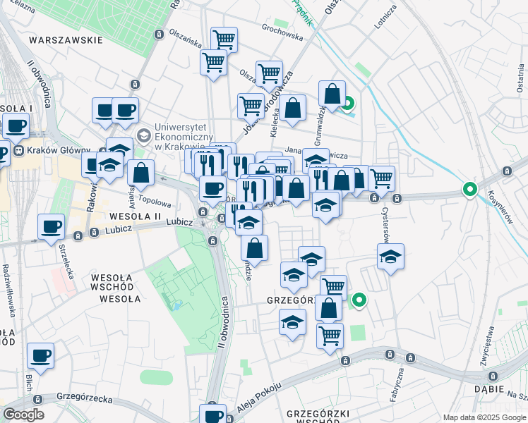 map of restaurants, bars, coffee shops, grocery stores, and more near 17 Mogilska in Kraków