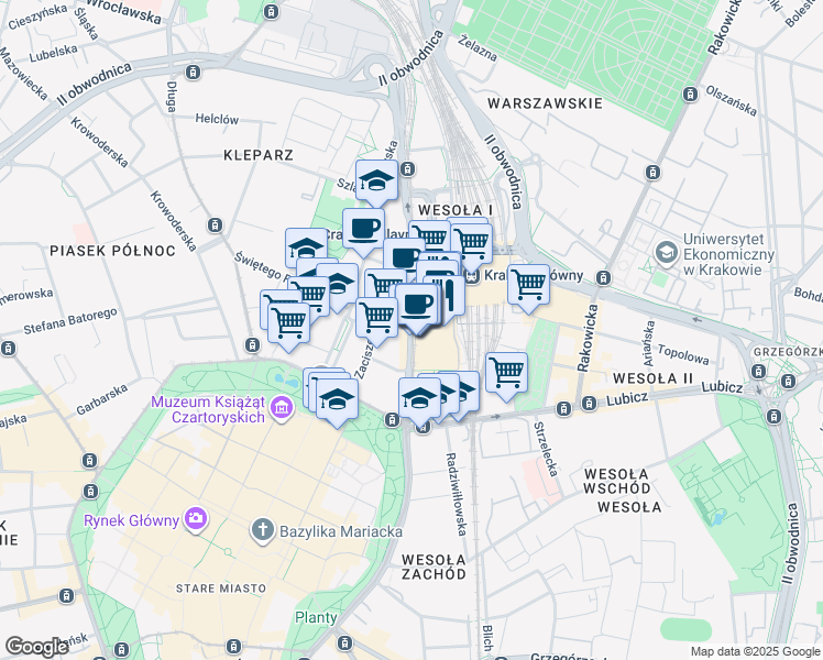 map of restaurants, bars, coffee shops, grocery stores, and more near 9 Pawia in Kraków