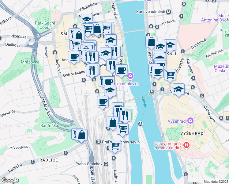 map of restaurants, bars, coffee shops, grocery stores, and more near 3 Na Valentince in Hlavní město Praha