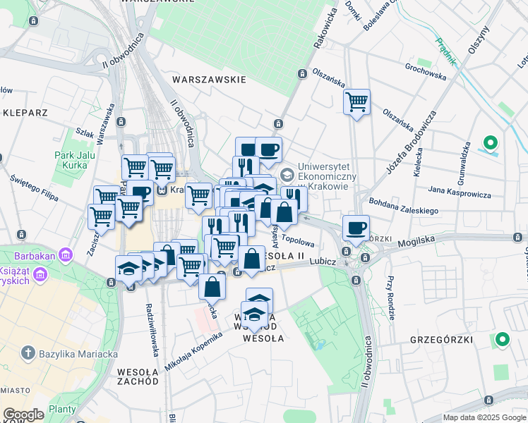 map of restaurants, bars, coffee shops, grocery stores, and more near 24 Aleksandra Lubomirskiego in Kraków
