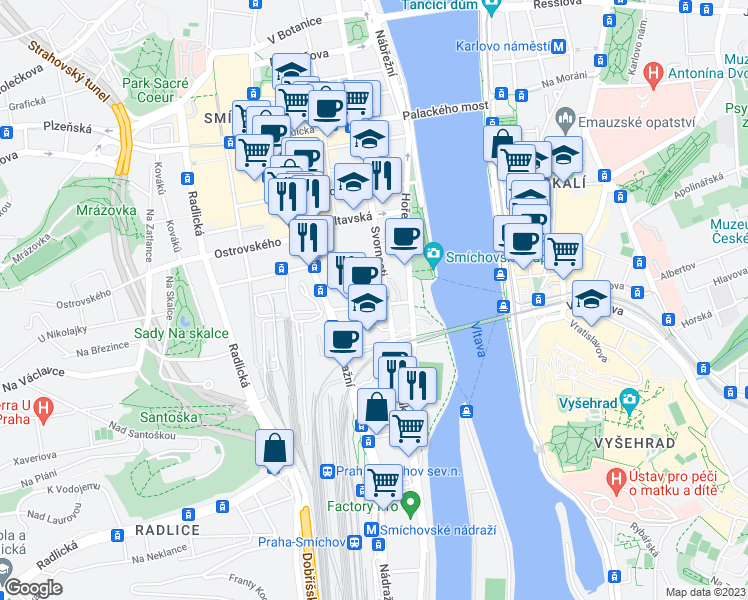 map of restaurants, bars, coffee shops, grocery stores, and more near 4 Na Valentince in Hlavní město Praha