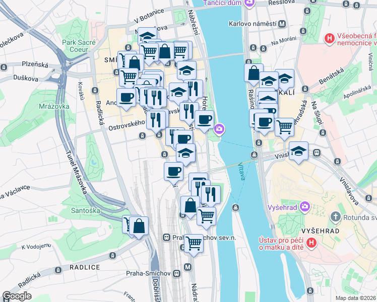 map of restaurants, bars, coffee shops, grocery stores, and more near 4 Na Valentince in Hlavní město Praha