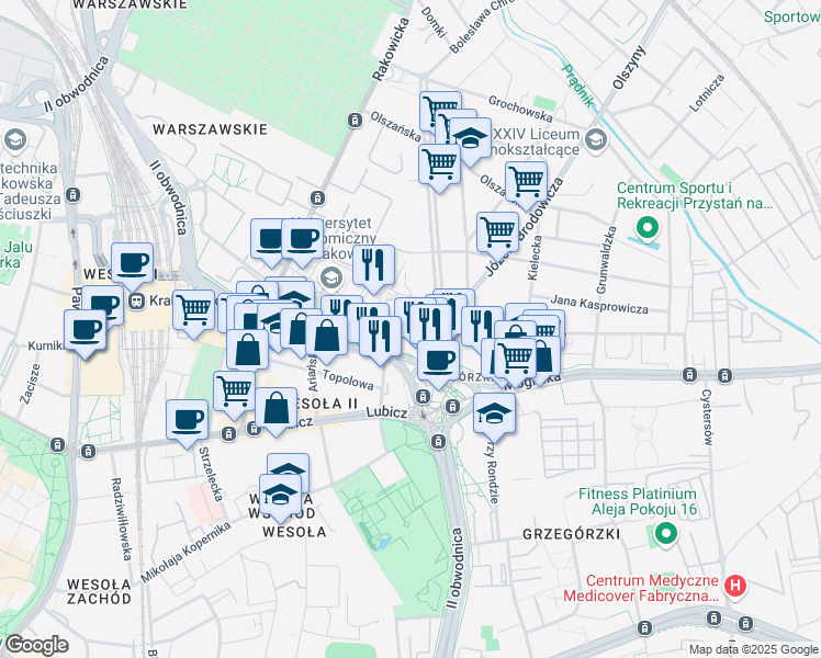 map of restaurants, bars, coffee shops, grocery stores, and more near 24 Aleksandra Lubomirskiego in Kraków