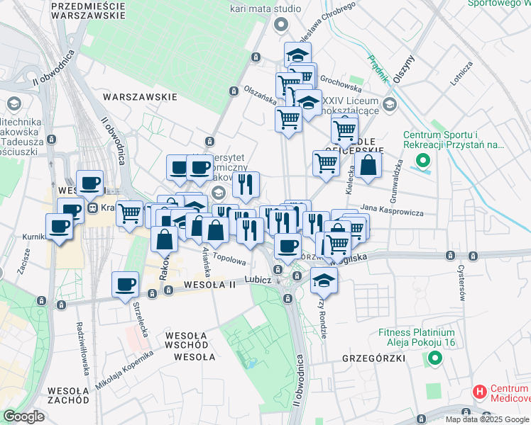 map of restaurants, bars, coffee shops, grocery stores, and more near 20 Aleksandra Lubomirskiego in Kraków