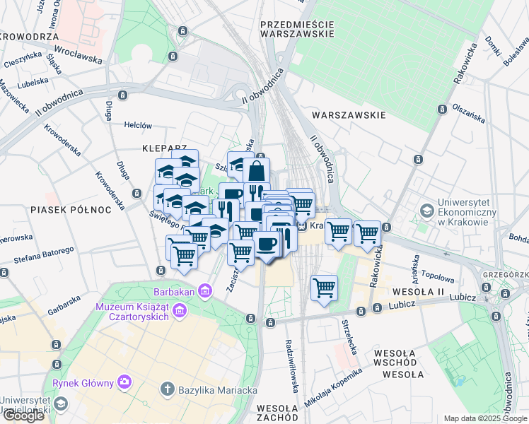map of restaurants, bars, coffee shops, grocery stores, and more near 19 Pawia in Kraków