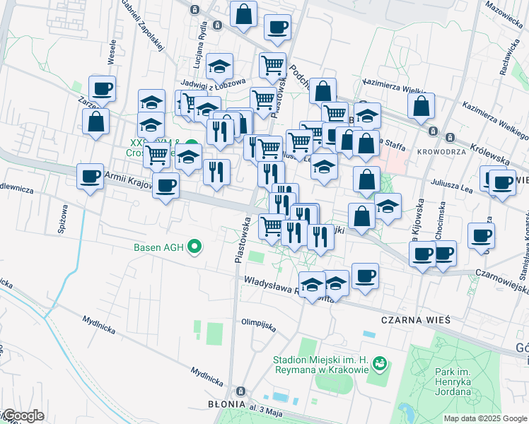 map of restaurants, bars, coffee shops, grocery stores, and more near in Kraków