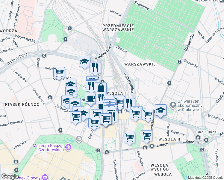 map of restaurants, bars, coffee shops, grocery stores, and more near 9 Pawia in Kraków