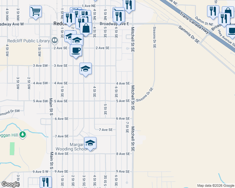 map of restaurants, bars, coffee shops, grocery stores, and more near 412 7 Street Southeast in Redcliff