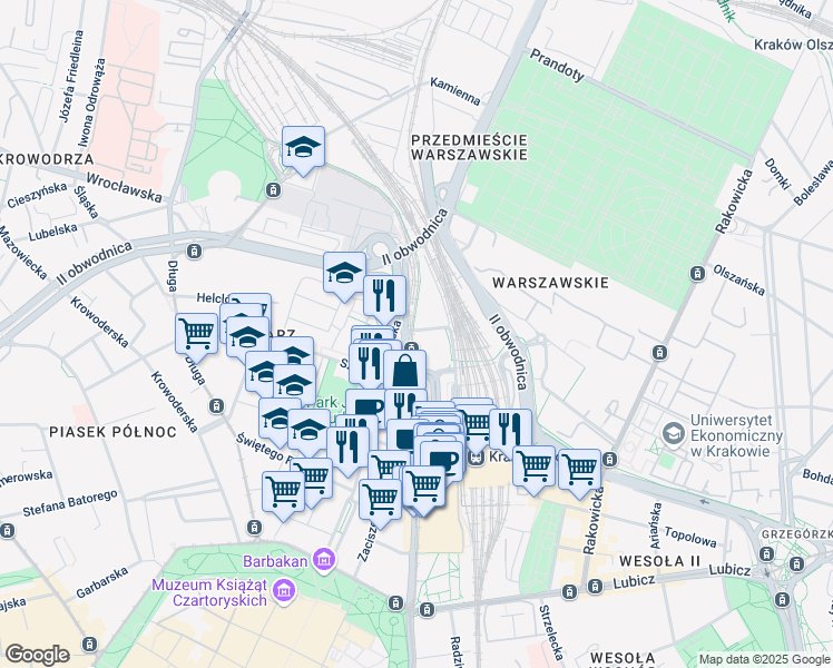 map of restaurants, bars, coffee shops, grocery stores, and more near 19 Pawia in Kraków