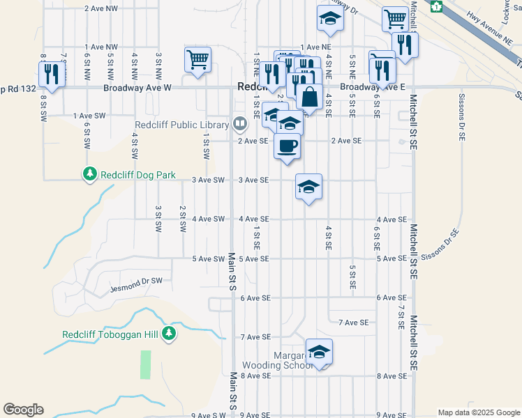 map of restaurants, bars, coffee shops, grocery stores, and more near 327 1 Street Southeast in Redcliff