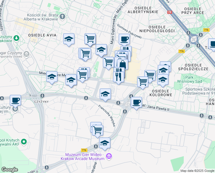 map of restaurants, bars, coffee shops, grocery stores, and more near 17 Mieczysława Medweckiego in Kraków