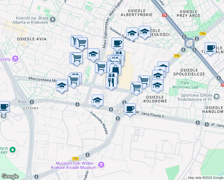 map of restaurants, bars, coffee shops, grocery stores, and more near 17 Mieczysława Medweckiego in Kraków