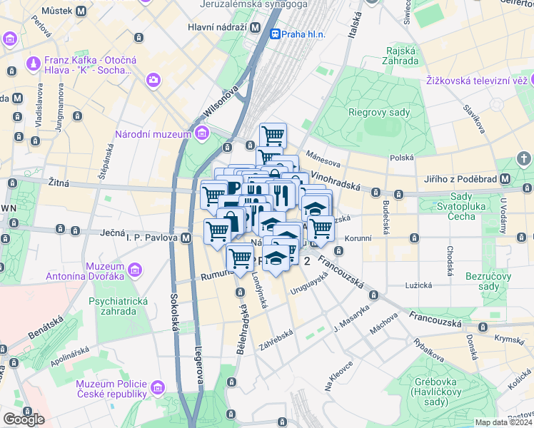 map of restaurants, bars, coffee shops, grocery stores, and more near 384 Italská in Hlavní město Praha