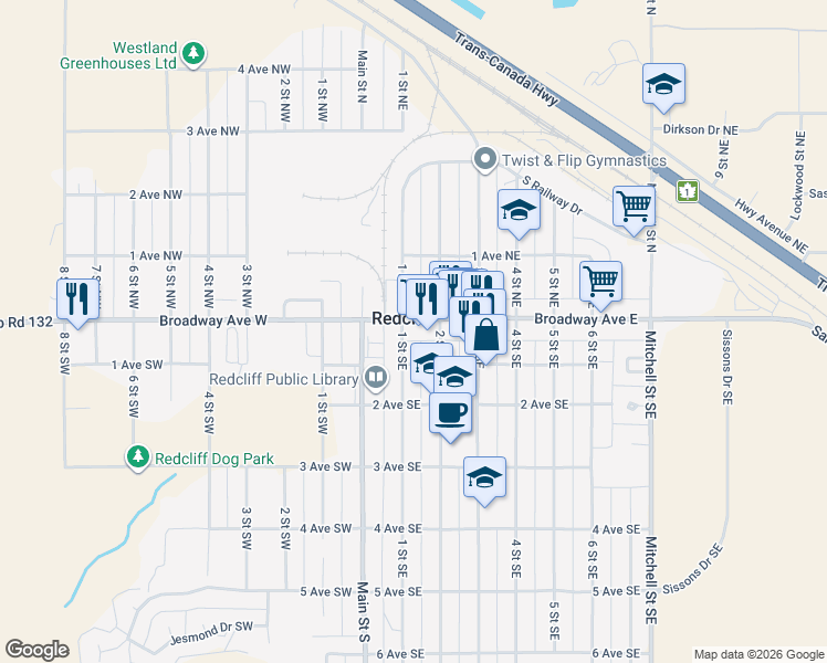 map of restaurants, bars, coffee shops, grocery stores, and more near 115 Broadway Avenue East in Redcliff