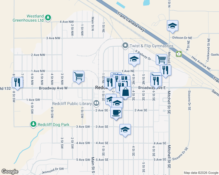 map of restaurants, bars, coffee shops, grocery stores, and more near 115 Broadway Avenue East in Redcliff
