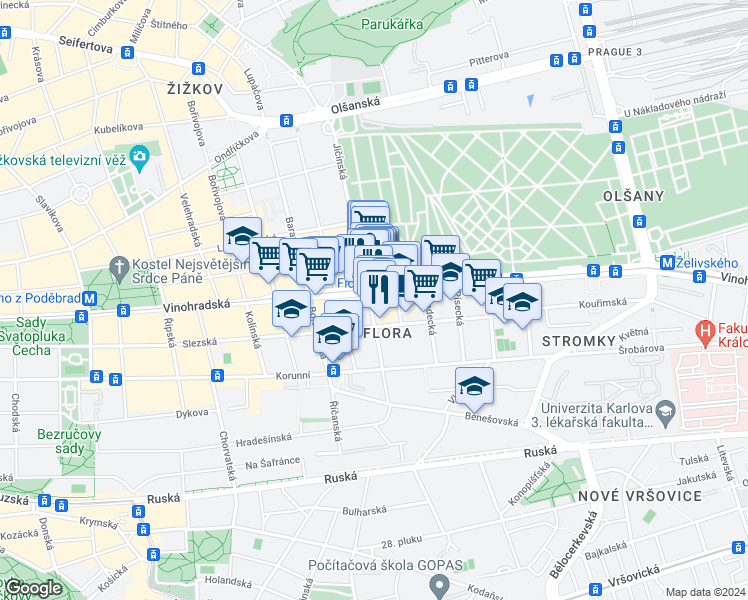 map of restaurants, bars, coffee shops, grocery stores, and more near 8 Jičínská in Hlavní město Praha