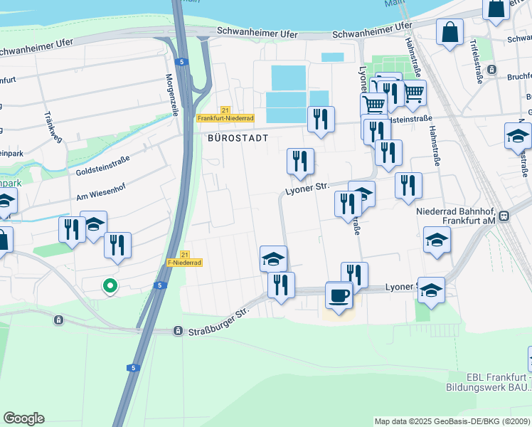 map of restaurants, bars, coffee shops, grocery stores, and more near 30 Lyoner Straße in Frankfurt am Main