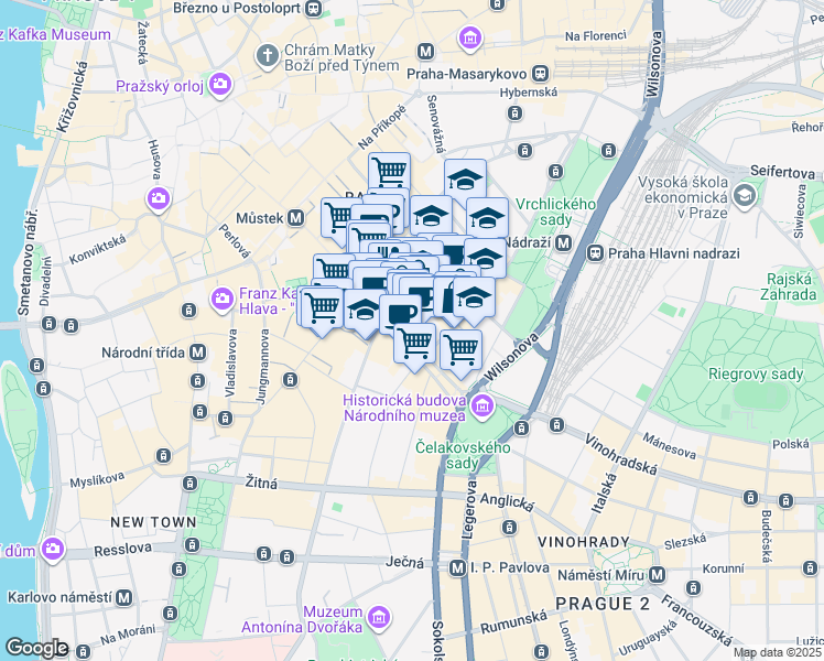 map of restaurants, bars, coffee shops, grocery stores, and more near 43 Wenceslas Square in Prague