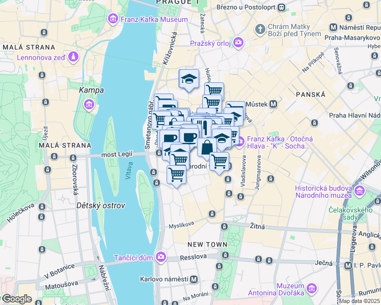 map of restaurants, bars, coffee shops, grocery stores, and more near 138 Voršilská in Hlavní město Praha