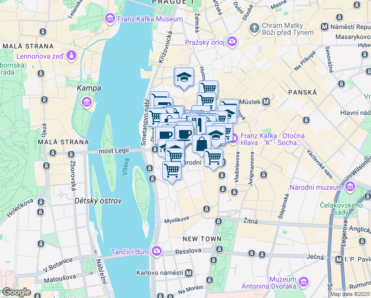 map of restaurants, bars, coffee shops, grocery stores, and more near 138 Voršilská in Hlavní město Praha