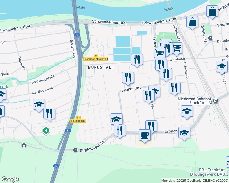 map of restaurants, bars, coffee shops, grocery stores, and more near 30 Lyoner Straße in Frankfurt am Main
