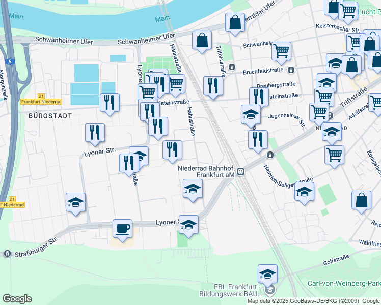 map of restaurants, bars, coffee shops, grocery stores, and more near 40 Hahnstraße in Frankfurt am Main