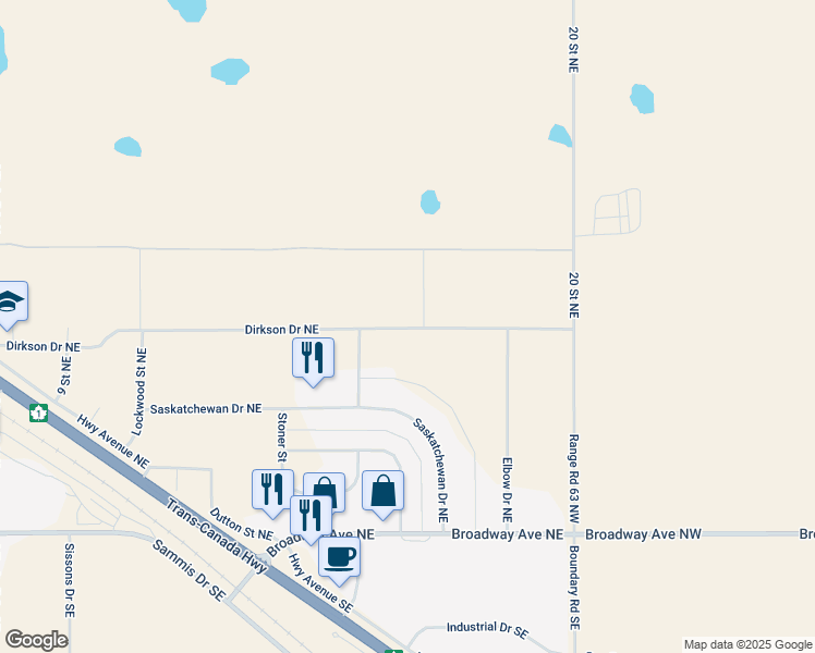 map of restaurants, bars, coffee shops, grocery stores, and more near 1711 Dirkson Drive Northeast in Redcliff