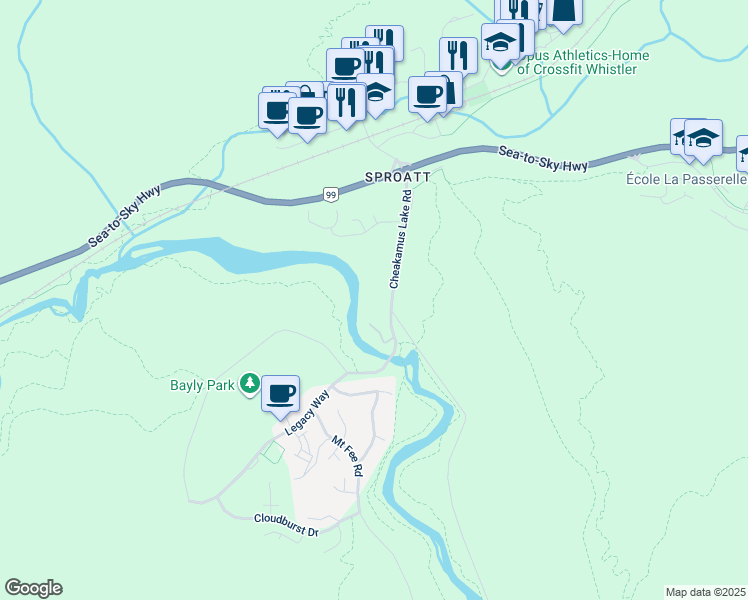 map of restaurants, bars, coffee shops, grocery stores, and more near 1201 Cheakamus Lake Road in Whistler