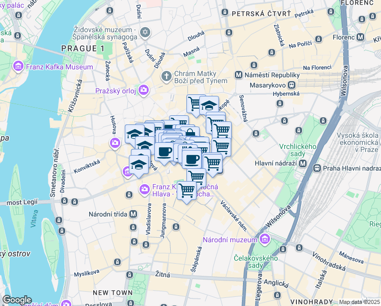 map of restaurants, bars, coffee shops, grocery stores, and more near 3 Wenceslas Square in Prague
