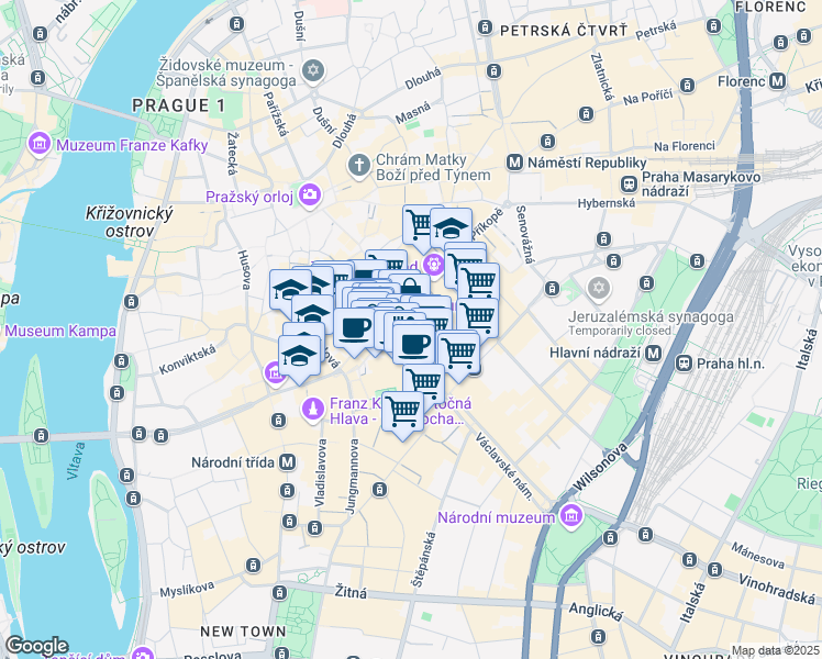 map of restaurants, bars, coffee shops, grocery stores, and more near 3 Wenceslas Square in Prague