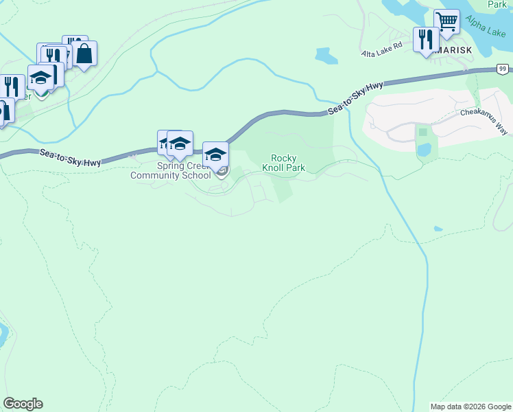 map of restaurants, bars, coffee shops, grocery stores, and more near 1530 Tynebridge Lane in Whistler