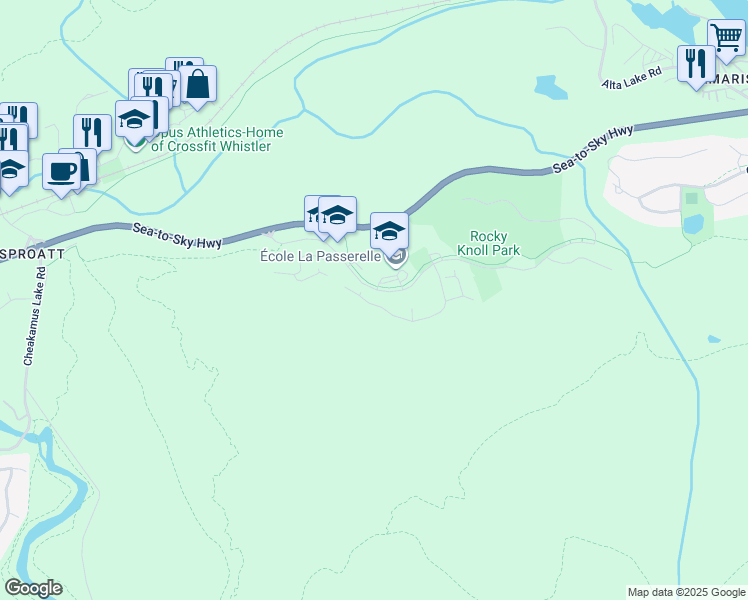 map of restaurants, bars, coffee shops, grocery stores, and more near 1569 Tynebridge Lane in Whistler