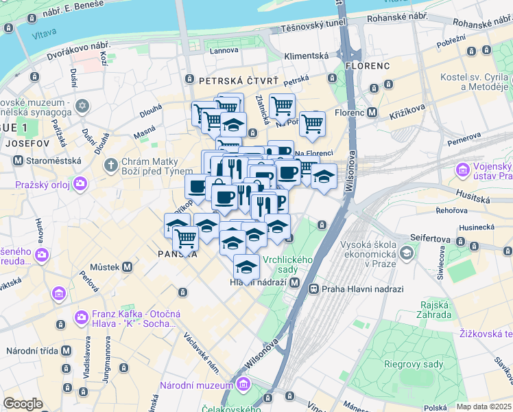 map of restaurants, bars, coffee shops, grocery stores, and more near 3 Dlážděná in Hlavní město Praha