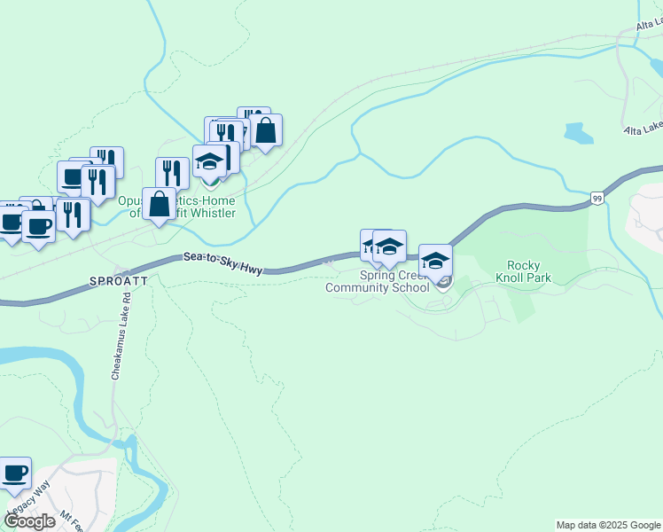 map of restaurants, bars, coffee shops, grocery stores, and more near 1505 Spring Creek Drive in Whistler