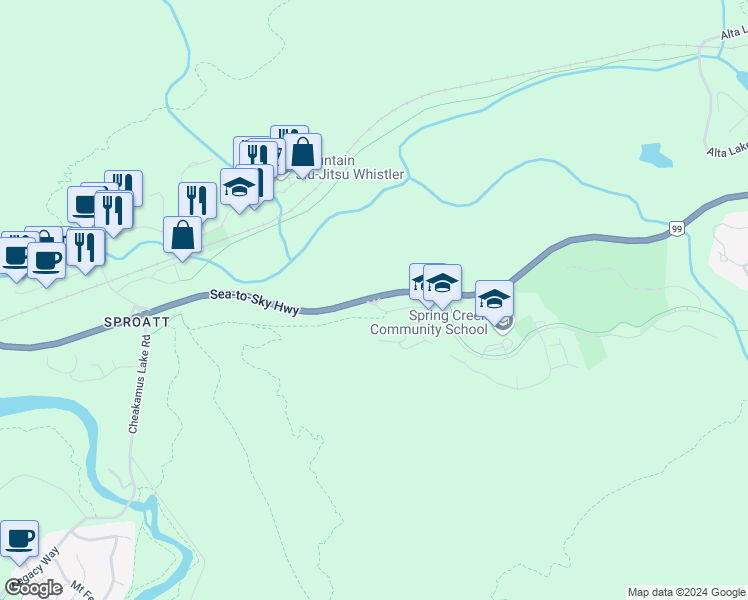 map of restaurants, bars, coffee shops, grocery stores, and more near 1505 Spring Creek Drive in Whistler