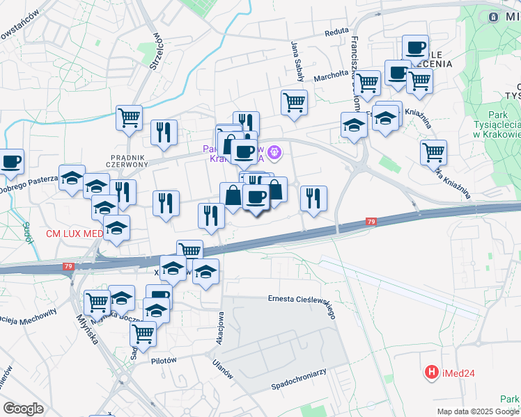 map of restaurants, bars, coffee shops, grocery stores, and more near in Krakow