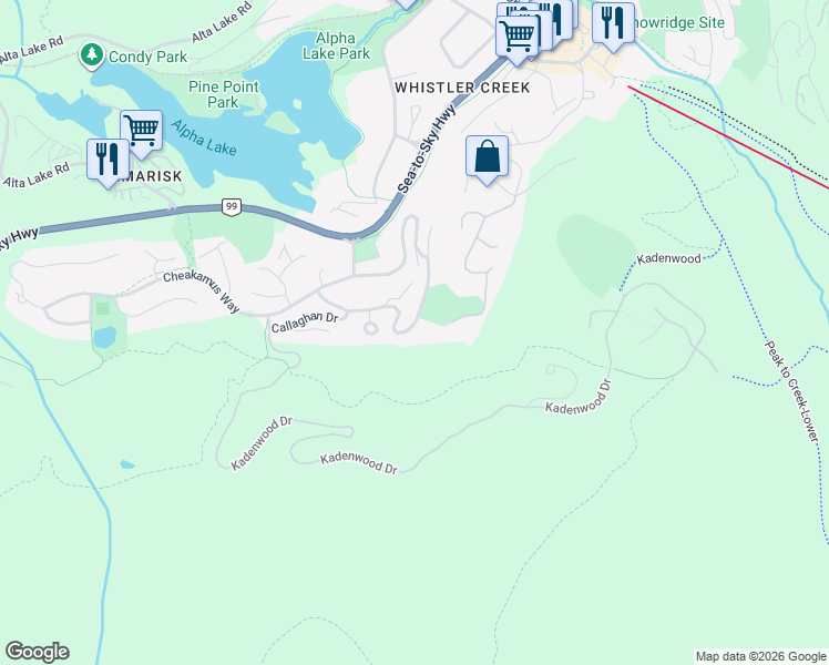 map of restaurants, bars, coffee shops, grocery stores, and more near 2290 Brandywine Way in Whistler