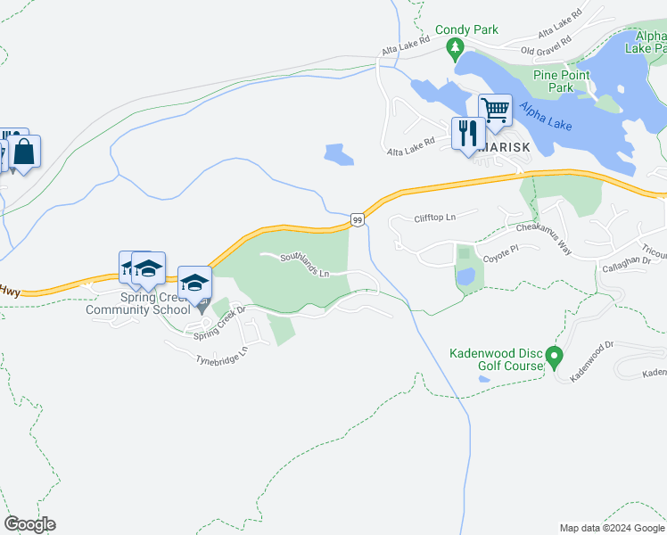 map of restaurants, bars, coffee shops, grocery stores, and more near 1600 Southlands Lane in Whistler