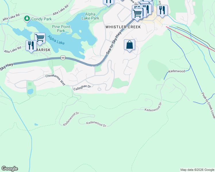 map of restaurants, bars, coffee shops, grocery stores, and more near 2299 Brandywine Way in Whistler