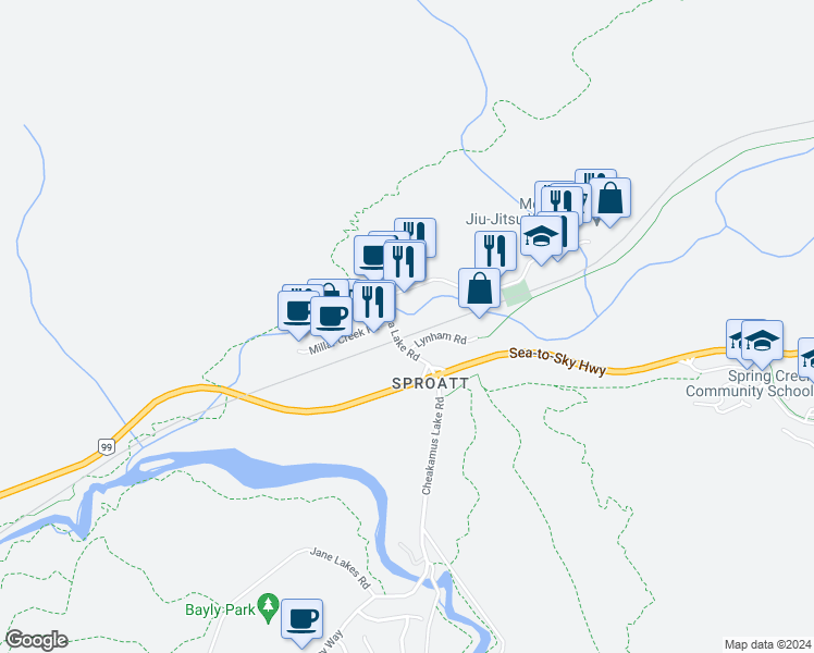 map of restaurants, bars, coffee shops, grocery stores, and more near 1005 Alpha Lake Road in Whistler