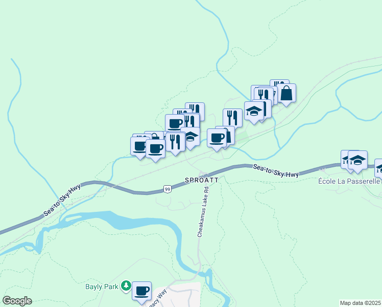 map of restaurants, bars, coffee shops, grocery stores, and more near 1005 Alpha Lake Road in Whistler