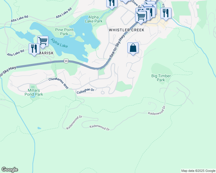map of restaurants, bars, coffee shops, grocery stores, and more near 2309 Brandywine Way in Whistler