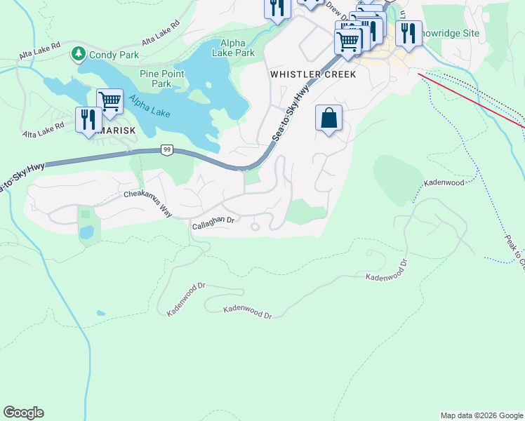 map of restaurants, bars, coffee shops, grocery stores, and more near 2317 Brandywine Way in Whistler