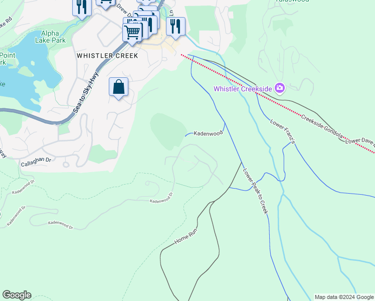 map of restaurants, bars, coffee shops, grocery stores, and more near 2926 Kadenwood Drive in Whistler