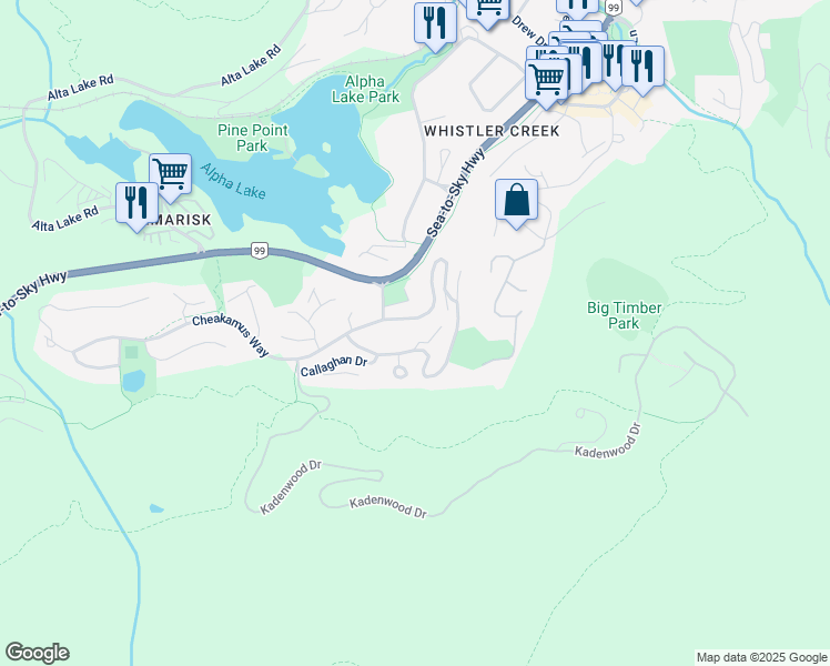 map of restaurants, bars, coffee shops, grocery stores, and more near 2317 Brandywine Way in Whistler